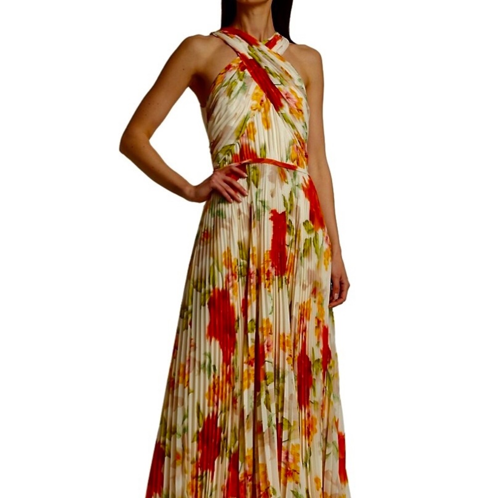 Monique Lhullier Floral Pleated Chiffon Maxi Dress in Tuscan Rose